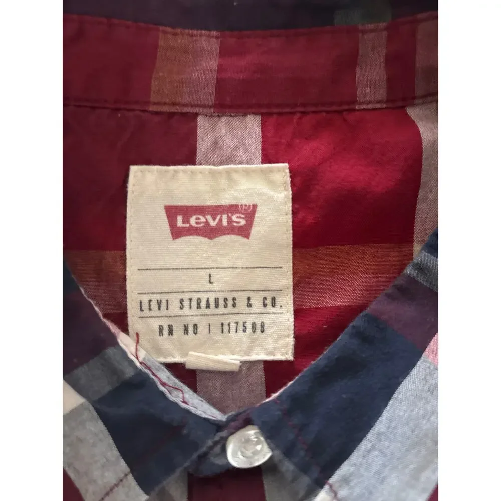 Levi's Long Sleeves Shirt Men's Size Large‎ Red Blue Plaid Pockets Western Cut